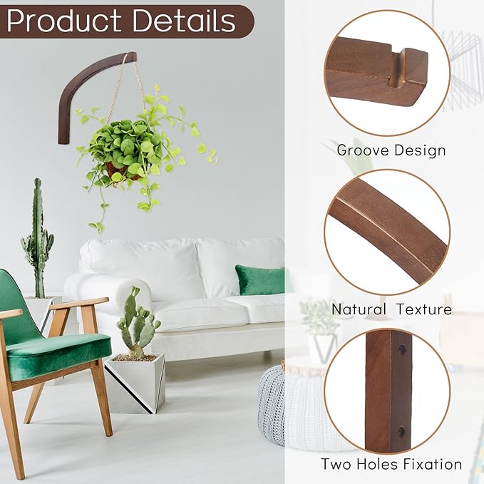 Juexica 4 Pcs Plant Hanger Wooden, 8 Inch Hanging Plant Hooks for Indoors and Outdoor, Wall Mounted Hanging Hook Brackets for Planters Lanterns Wind Chimes and Bird Feeders Patio Decor(Coffee Color)