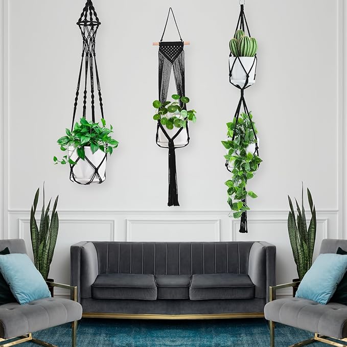 Macrame Plant Hangers, 6Pack Hanging Plant Holders Indoor w/ 6 Set Hooks Handmade Cotton Rope Plant Hangers Set Flower Pots Holder Stand Boho Home Decor Hanging Planters for Indoor Outdoor Plants