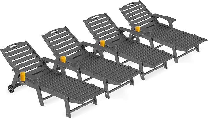 Ciokea Outdoor Lounge Chair Set of 4, All Weather Patio Chaise Lounge Chair for Outside, HDPE Chair with Rolling Wheels & Cup Holder, 5 Position, Deck, Pool, Dark Grey