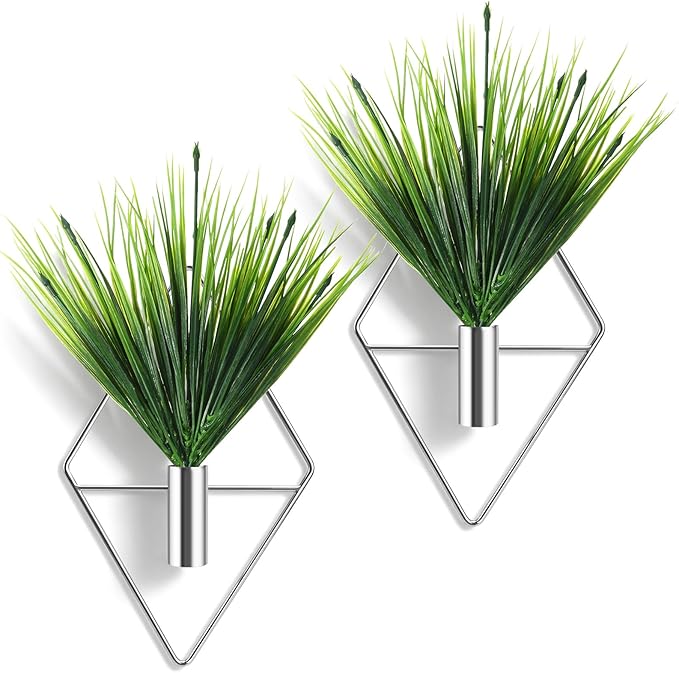 4 Pieces Silver Wall Decor Hanging Planters with Artificial Plants Metal Vase Indoor Aquatic Plant Holder Modern Geometric Wall Art for Home Bathroom Bedroom Living Room Office