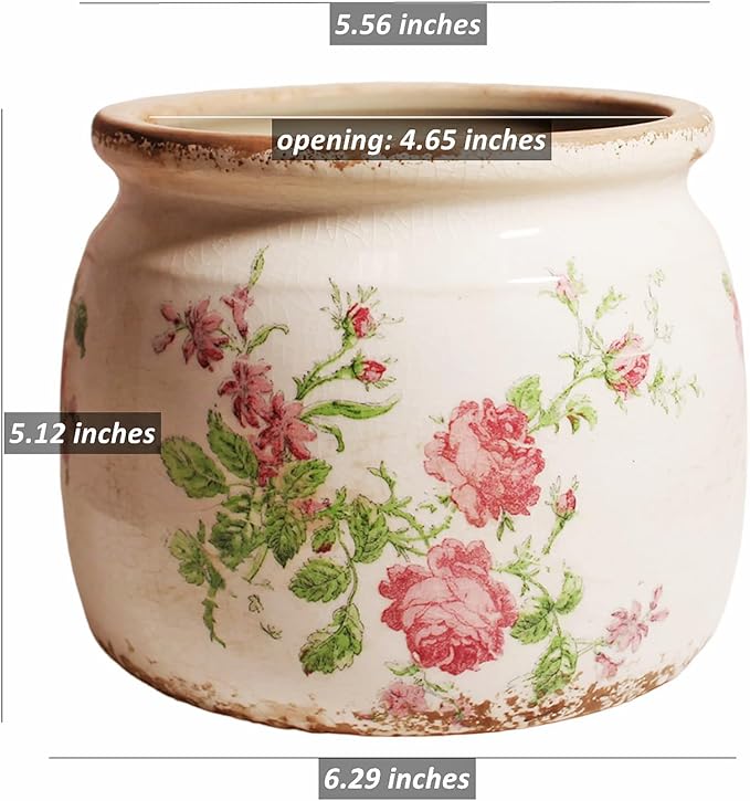 Decorative Pots Spring Decor, Pastel Floral Ceramic Garden Pots with Drainage, 6.29 Inch Pink Vintage Grandma Flower Pots for Indoor Plants & Succulent, Crackle Glaze Pottery Planters, Mom Gifts