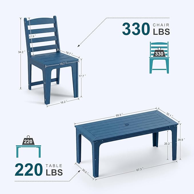 HDPE Patio Dining Set for 6, Weather-Resistant Outdoor Table with Umbrella Hole, Never Sagging One-Piece Tabletop with Metal Support Bars for Poolside Backyard Garden (Blue)