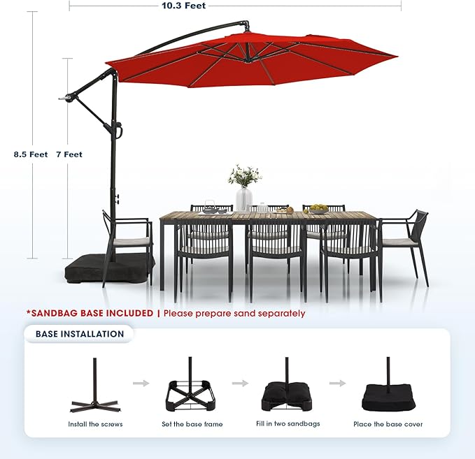 wikiwiki 10ft Patio Umbrella with Base Included, Outdoor Offset Cantilever Umbrella with Sandbag Base for Backyard, Garden and Pool, Easy to Tilt and Crank, Red