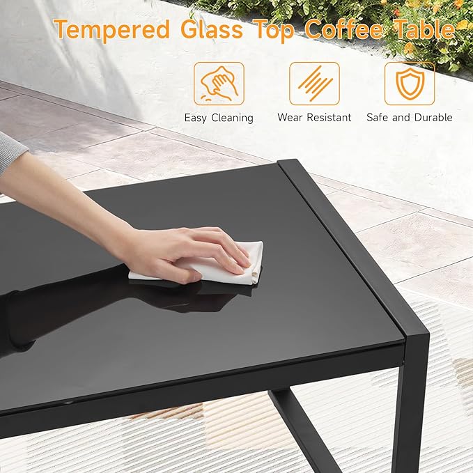 ONBRILL Rectangle Coffee Table with Tempered Glass Desktop, Galvanized Frame Outdoor Coffee Table with Adjustable Feet for Patio, Balcony, Deck, Living Room, Black