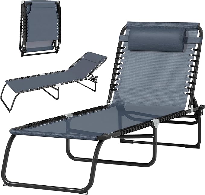Outsunny Folding Chaise Lounge Chair, Patio Sun Tanning Chair, Outdoor Chaise Lounger with 4-Position Reclining Back, Breathable Mesh Seat for Beach, Poolside, Yard, Gray