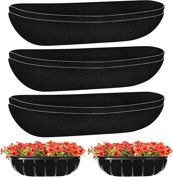 Riare 6 Pack 24 Inch Black Felt Window Box Liners- Fabric Trough Planter Basket Liners Replacement, Non-Woven Hanging Plant Liner for Wall Hanging Basket, Garden Fence Railing (Avoid Bird Nesting)