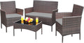 Greesum Patio Furniture 4 Pieces Conversation Sets Outdoor Wicker Rattan Chairs Garden Backyard Balcony Porch Poolside loveseat with Soft Cushion and Glass Table, Brown and Gray