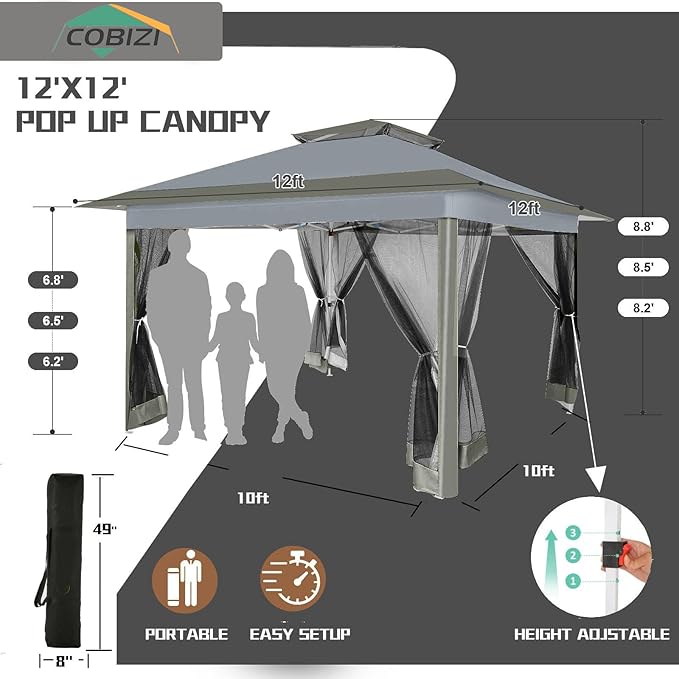 COBIZI 12x12 Pop Up Gazebos On Clearance - Upgrade Easy Up Metal Outdoor Gazebo Waterproof - Portable Gazebo with Mosquito Nettings, 4 Ropes 8 Stakes and Carry Bag for Patio Garden(Dark Gray)