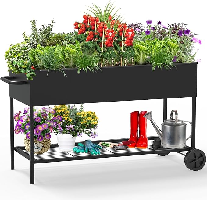 51 × 26 × 31.5 Inches Raised Garden Bed with Legs/Storage Shelf, Mobile Planter Box for Outdoor Plants, Elevated Garden Bed for Backyard, Balcony, Black