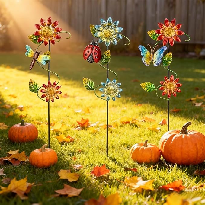 3 Pcs Sunflower＆Butterly＆Ladybug＆Dragonfly Decorative Garden Stakes,23.5 in Metal Sunflower Yard Art for Outside Decor,Spring Outdoor Decor for Mom,Women,Grandma