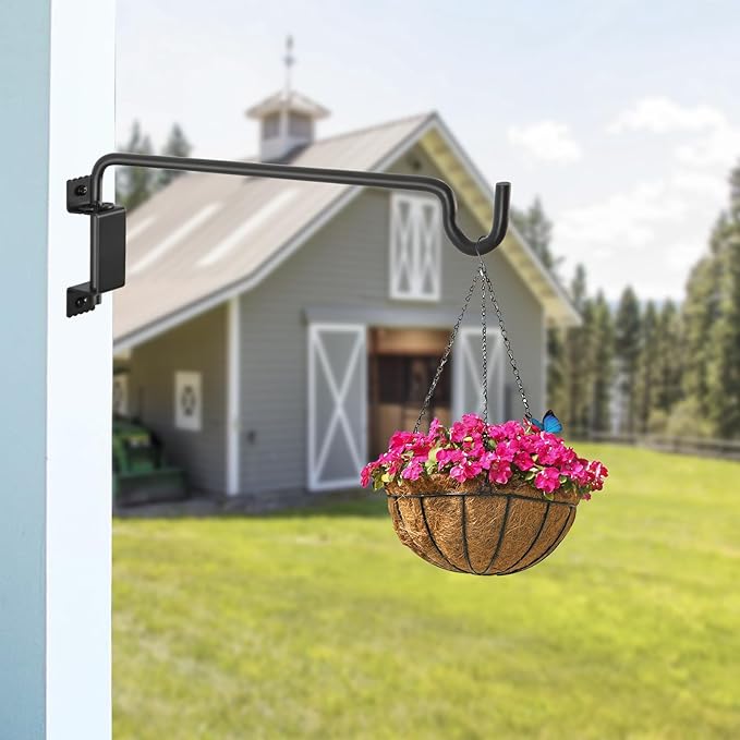 16 Inch Outdoor Hanging Brackets - 360° Swivel Plant Hanger with 12-Directional Adjustable Hook, Rust Resistant Solid Steel Wall Mount for Bird Feeders, Indoor/Outdoor Plants, Garden & Patio