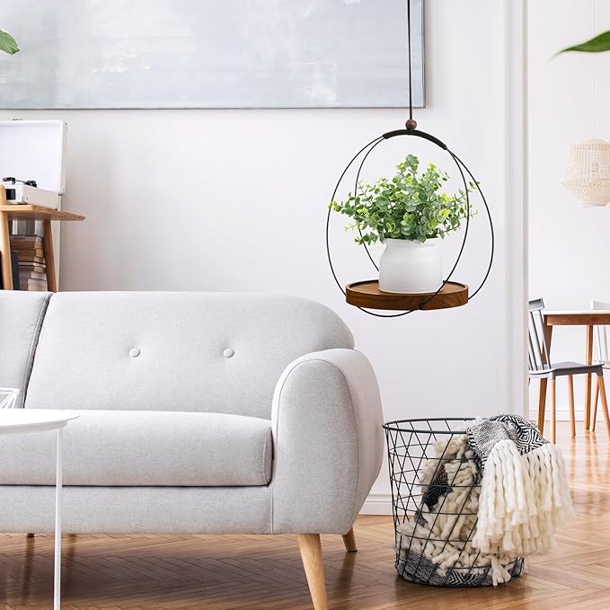 1 Pack Hanging Planters for Indoor Black Plant Hanger with Round Wood Base Large Indoor Hanging Plant Shelf Boho Holder Gift for Mom,housewarming (Round)