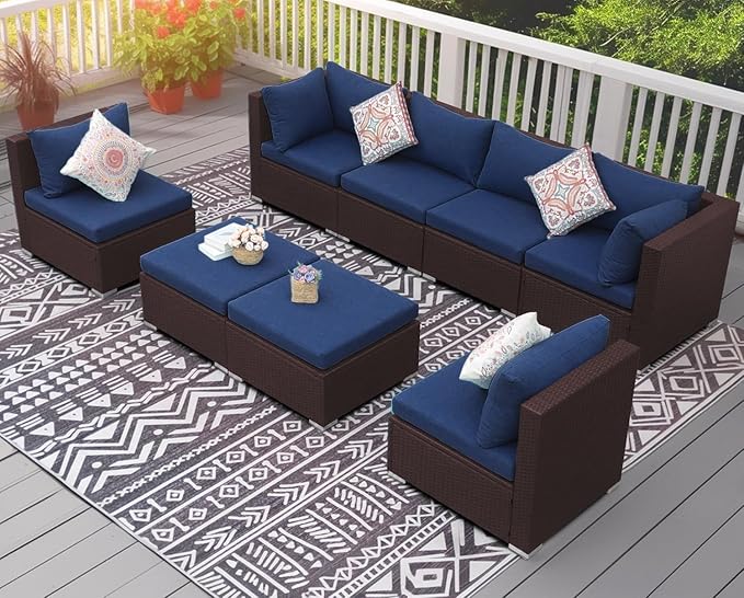 NICESOUL 8 Person Modern Deck Furniture Set, 29.3'' High Back Comfy Outdoor Sectional Sofa Set, Extra Large Wicker Patio Conversation Seating Sets for Terrace, Brown Rattan and Navy Blue Cushion