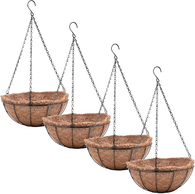 4 Pack Hanging Planter Basket with Coco Coin Liner 8 inch Hanging Flower Pots Outdoor Decorative Round Wire Plant Holder with Chain Metal Hanging Baskets for Plants Outdoor
