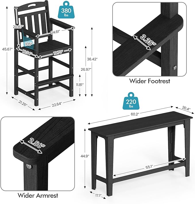Ciokea 3 Pcs Outdoor Bar Height Table Set, 60" Extra Long Rectangle High Top Table and 2 Oversized Adirondack Chairs Set, Heavy-Duty All-Weather HDPE Patio Bar Set for Backyard Balcony Deck, Black