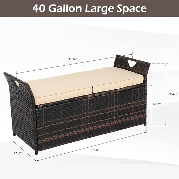 VINGLI 40 Gallon Outdoor Rattan Deck Box w/Cushion, Patio Wicker Storage Box, Garden Deck Storage Bin for Garden, Balcony, Porch, Pool, Yard, Brown