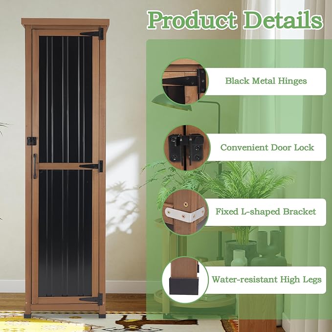 62" H Outdoor Corner Storage Cabinet with Lockable Doors, Outdoor Indoor Small Storage Cabinet with Metal Top, 3 Adjustable Shelves for Patio, Porch, Entryway or Small Spaces