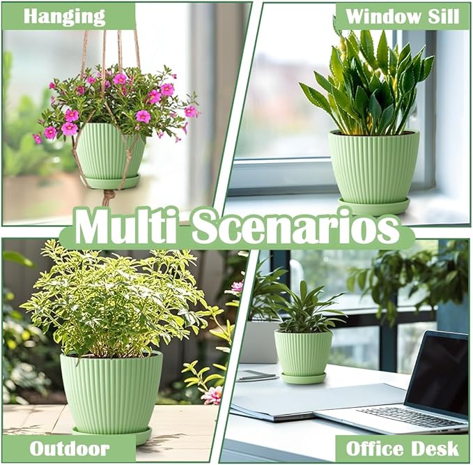 7.5/6.5/5.5/4.9/4.2/3.5 Inch Plant Pots with Saucers & Drain Holes - Indoor/Outdoor Flower Pots for Succulents, Herbs, Cactus - Modern Lightweight Durable Planter Set, Green