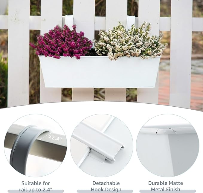 3 Pack Metal Railing Planters, 16 Inch Large Rectangular Hanging Flower Pots with Detachable Hooks & Drainage Holes, Fits Rails up to 2.5", Galvanized Iron Window Box for Balcony Garden - White