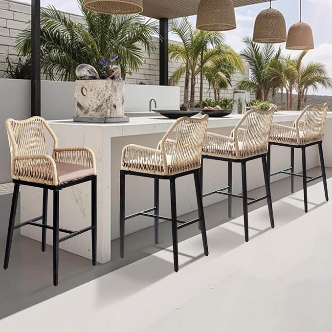 VINGLI Outdoor Bar Stools Set of 2, Heavy-Duty Outdoor Barstools Boho Woven Patio Bar Stools with Backrest, Patio Garden Balcony Pool Bar Chairs with Cushions (Apricot)