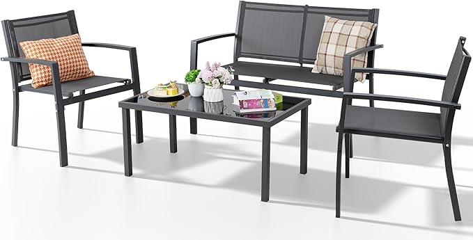 Shintenchi 4 Pieces Patio Furniture Set All Weather Textile Fabric Outdoor Conversation Set, with Glass Coffee Table, Loveseat, 2 Single Chairs for Home, Garden, Lawn, Porch（Gray）