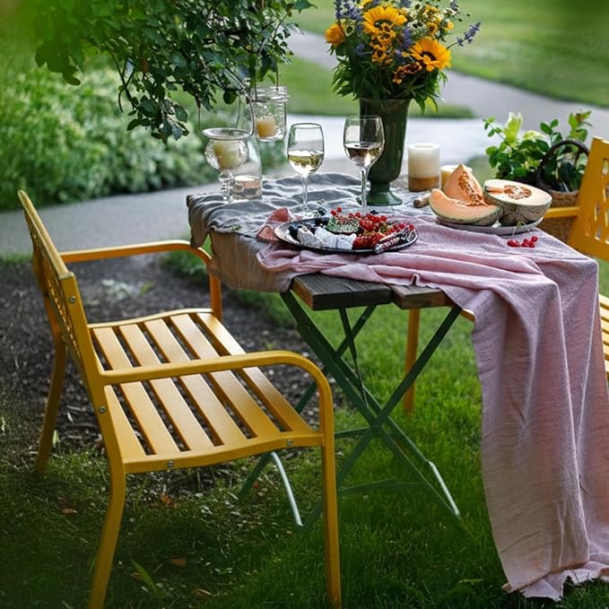 VINGLI 47'' Outdoor Bench, Weather Resistant Garden Patio Bench Powder Coated Iron Frame w/PVC Mesh Backrest Slatted Seat, 2-Person Outdoor Furniture for Front Porch Entryway Park (Yellow)