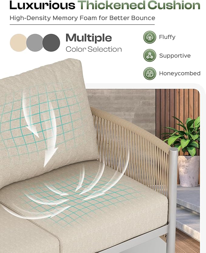 Aluminum Outdoor Patio Furniture Set with Dual-Layer Coffee Table, 4 Piece Modern Patio Conversation Sets with PE Rope, Outdoor Sectional Sofa with Thick Cushions for Balcony, Porch, Beige