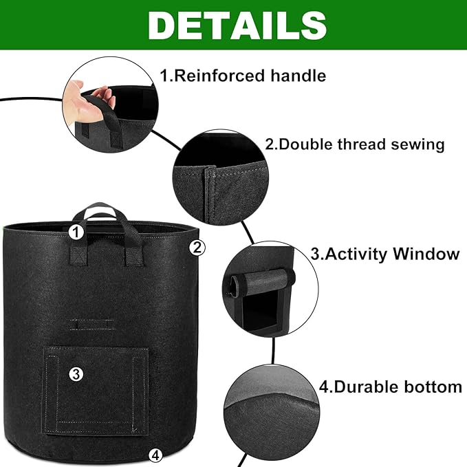 4-Pack 10 Gallon Potato Grow Bags with Flap Window, Heavy Duty Aeration Fabric Pots with Handles for Garden and Planting(Black)