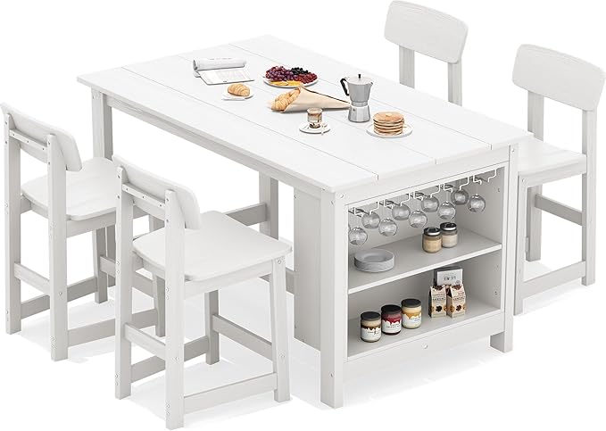 SERWALL Outdoor Bar Table and Chairs Set, 5-Piece HDPE Counter Height Patio Dining Sets with Storage and Wine Rack, Rectangular High Top Bar Table with 4 Bar Stools for Garden, Backyard, White