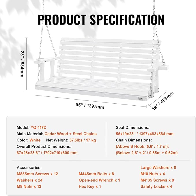 VEVOR Wooden Porch Swing 5.5FT with 2 Side Cup Holders, Heavy Duty 880lbs Patio Swing, Outdoor Swing Hanging Chair, Bench Swing with Adjustable Chains for Front Porch, Yard, Balcony, Garden, White