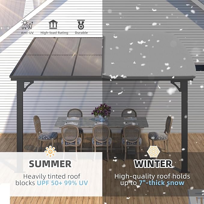 AECOJOY 10' x 12' Adjustable Height Outdoor Lean to Gazebo Pergola for Patio, Large Wall-Mounted 6.5-9.8 Ft Hard Top Metal Heavy Duty Metal Awnings Shelter Pergolas and Gazebos Clearance with Roof