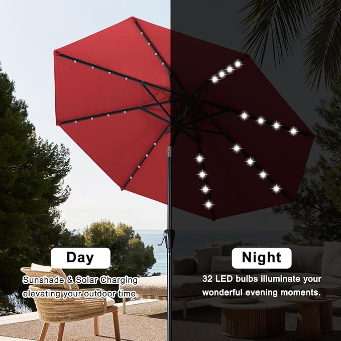 ABCCANOPY Durable Solar Led Patio Umbrellas with 32LED Lights 11FT (Wine Red)
