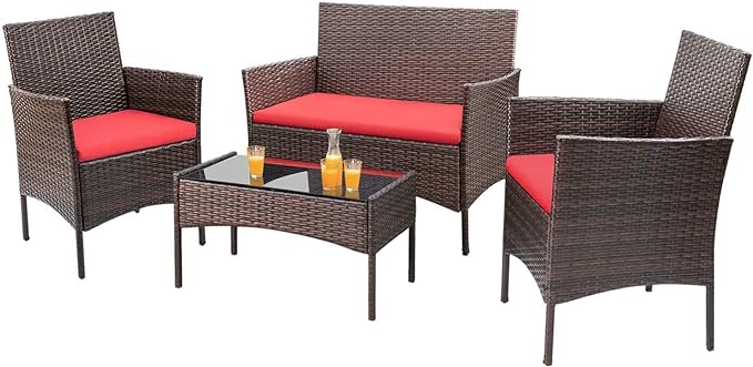 Homall 4 Pieces Patio Rattan Chair Wicker, Outdoor Indoor Use Backyard Porch Garden Poolside Balcony Furniture Sets (Red)