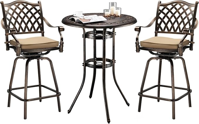 VINGLI 3 Piece Outdoor Patio Bar Set, Cast Aluminum Outdoor Swivel Bar Stools and Table w/Umberlla Hole, All-Weather Outdoor Bar Table and Chairs High Top Bistro Set w/Cushions (Grid Back)