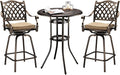 VINGLI 3 Piece Outdoor Patio Bar Set, Cast Aluminum Outdoor Swivel Bar Stools and Table w/Umberlla Hole, All-Weather Outdoor Bar Table and Chairs High Top Bistro Set w/Cushions (Grid Back)