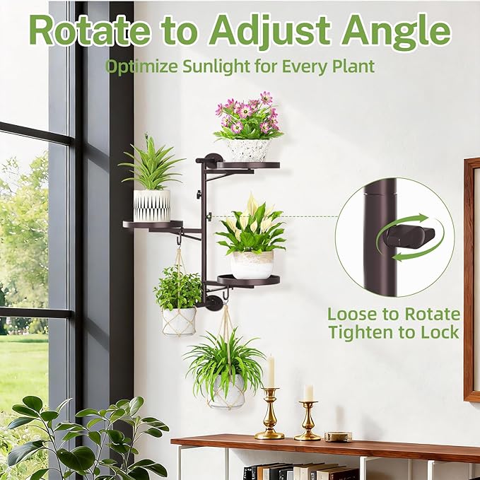 iDavosic.ly Rotating Window Plant Shelves, 3-Tier Metal Wall Stand with 2 Hooks, Flower Display Holder Rack for Living Room, Space Saving, Bronze (Pots/Chains/Plants Not Included)