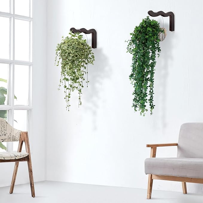 Wavy Plant Hanger Hooks – 2 Pack Rustic Wooden Wall Mounts for Indoor/Outdoor Use, Ideal for Hanging Baskets, Lanterns, and Bird Feeders – Decorative Brackets for Patio and Balcony