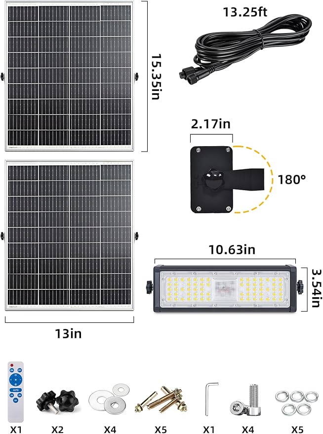 WERISE Solar Flood Lights Outdoor Waterproof IP66, 3600 Lumen 6500K LED Floodlight with 16.4ft Wire, 30000mAh Battery Dusk to Dawn Solar Powered Security Light with Remote Control for Shed Garage Barn