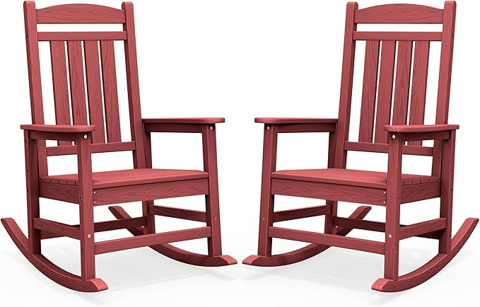 SERWALL Patio Rocking Chairs Set of 2, HDPE Outdoor Rockers for Adults, Oversized All-Weather Porch Rocking Chairs, Red