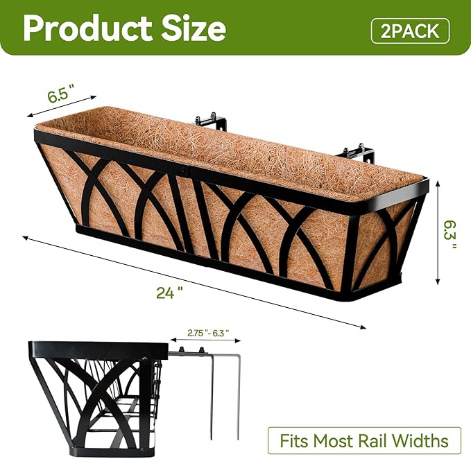 Halatool 2 Pack Heavy-Duty Metal Deck Railing Planter Box, 24 Inch Rust-Resistant Rectangular Window Boxes Planters with Coco Liner & Adjustable Brackets, Grow More On Your Balcony, Patio & Fence