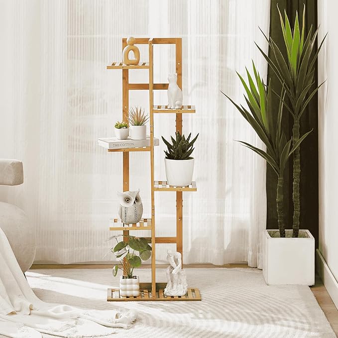 DolceLuna Plant Stand Indoor Corner, Tiered Bamboo Plant Shelf 46 Inch Tall, Plant Rack 6 Tier for Multiple Small Plants, Flower Holders for Living Room Bedroom Window Patio Balcony, Natural
