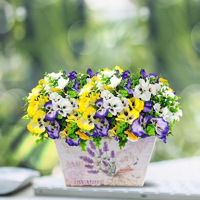 Pansies Artificial Flowers for Outdoors UV Resistant 12 Bundles Silk Pansy Plastic Fake Plants Flowers for Home Outside Garden Window Box Patio Planter Porch Decor (Mixed Color2)