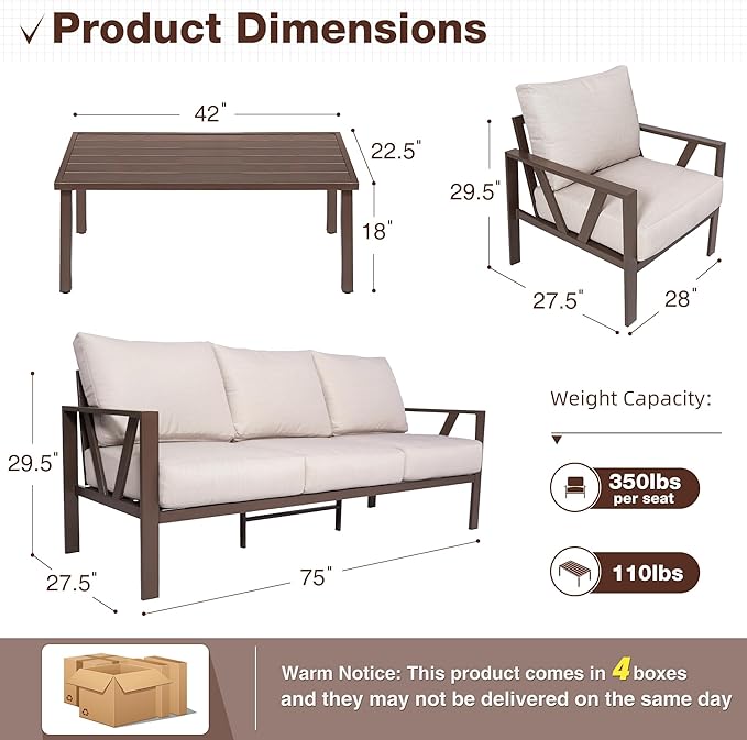 Outdoor Patio Furniture Set, 4 Pieces Metal Patio Furniture Set with Coffee Table, Modern Outdoor Conversation Seating with 6.5" Thick Cushions, Beige