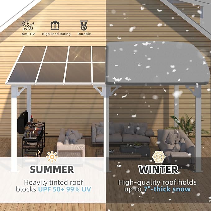 AECOJOY 14' x 8' White Gazebo Outdoor Pergola for Patio, Hard Top Lean to 8x14 Gazebo Shelter Pergolas and Gazebos Clearance with Patio Roof, Large Wall-Mounted Heavy Duty Awnings for Backyard