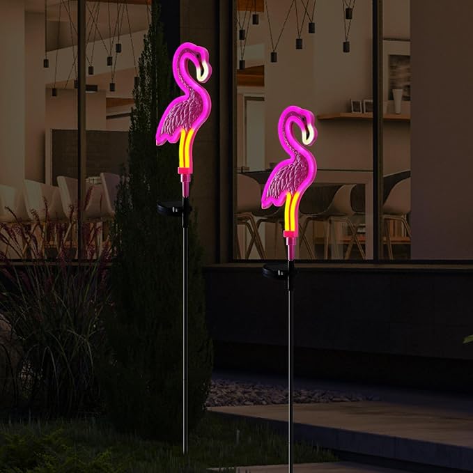 Flamingo Solar Lights Outdoor Decor, Solar Pink Flamingos Outdoor for Yard Decorations,Pink Neon Solar Flamingo Garden Lights for Outside,Pathways,Patio or Lawn Decor(2Pack)
