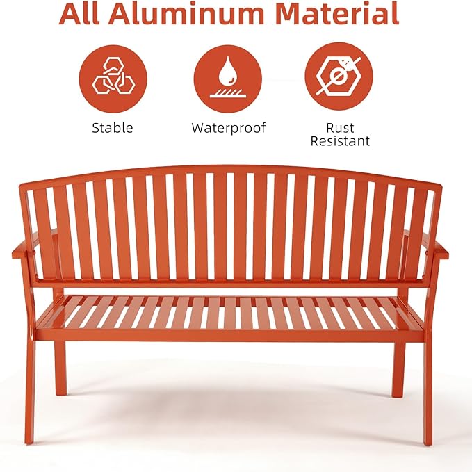 Outdoor Bench Weatherproof Aluminum Patio Garden Bench, Patio Loveseat for Porch Garden Lawn Backyard Park Balcony (Orange)
