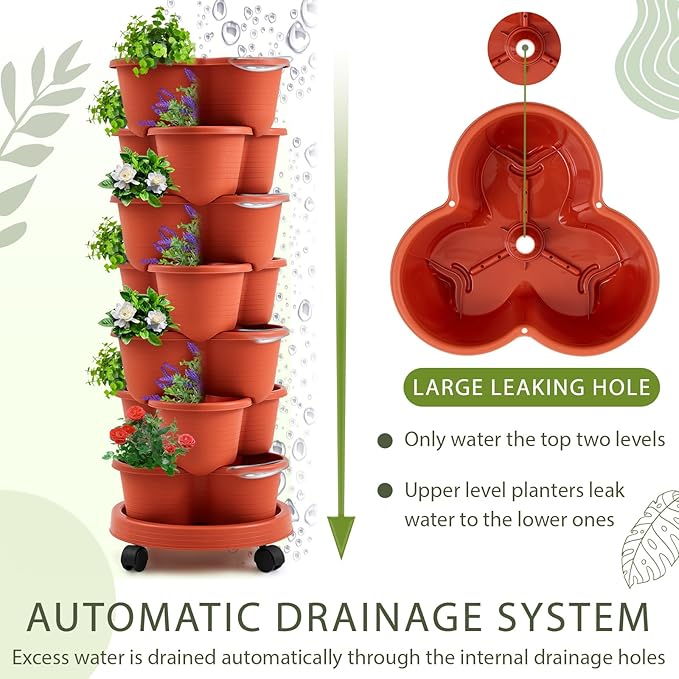 Umigy 2 Set Clay Red 7 Tier Stackable Vertical Planters with Removable Wheels and Tools Tower Planters Strawberry Herb Flower Vegetable Pots Indoor Outdoor Gardening Pots