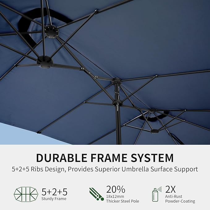 OLILAWN Patio Table Umbrella, 15ft Large Deck Umbrella with Base Included, Outdoor Double-Sided Rectangle Market Umbrella with Aluminium Crank, 12 Sturdy Ribs, for Deck Porch Garden,Dark Blue