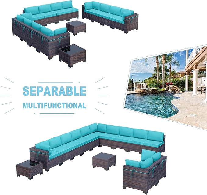 Kullavik 14 Pieces Outdoor Patio Furniture Set PE Wicker Rattan Sectional Sofa Patio Conversation Sets,Blue