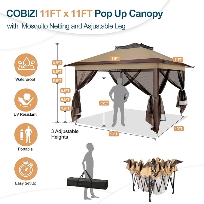 COBIZI 10x10 Pop Up Gazebos on Clearance 11x11 Canopy Tent Easy Up Outdoor Gazebo Waterproof Portable Gazebo with Mosquito Nettings, Double Vented Roof and Carry Bag for Patio Garden Lawn(Coffee)